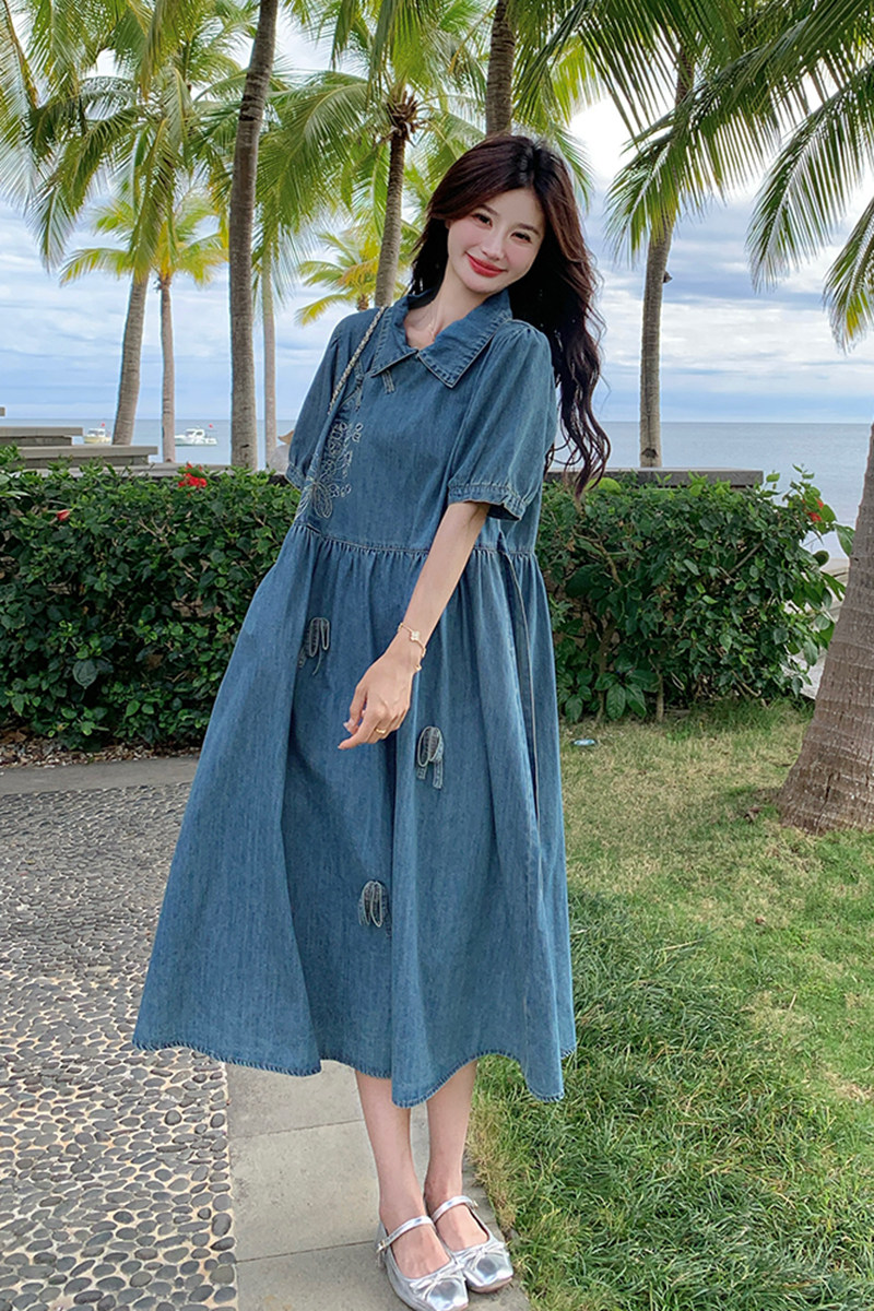 新中式风复古高级感连衣裙女夏季新款小个子文艺范小清新牛仔裙,女装连衣裙,2C010