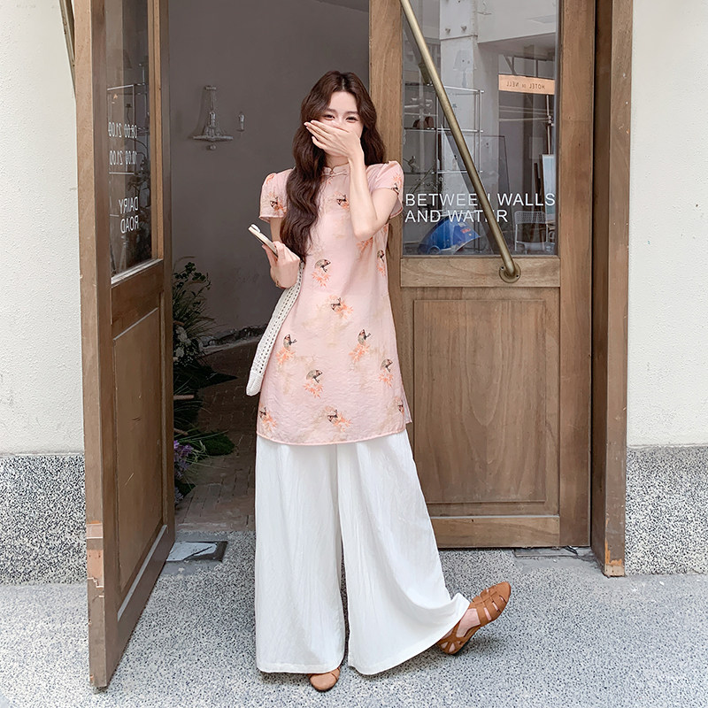 新中式国风套装女2025夏季新款独特漂亮印花上衣宽松阔腿裤两件套,女装套装/套裙,2C010