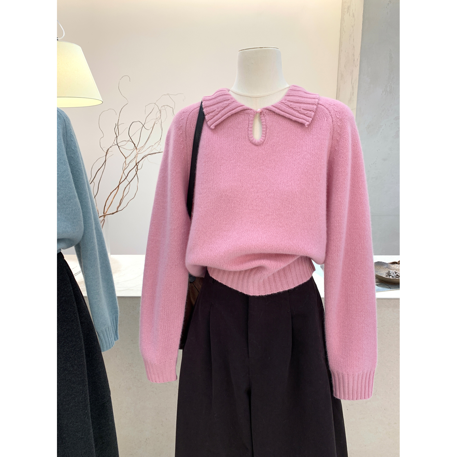 韩系娃娃领插肩长袖针织毛衣上衣