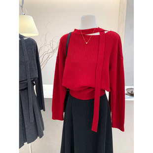 小哲 新年红色斜肩飘带毛衣女秋冬氛围感宽松软糯针织衫气质上衣