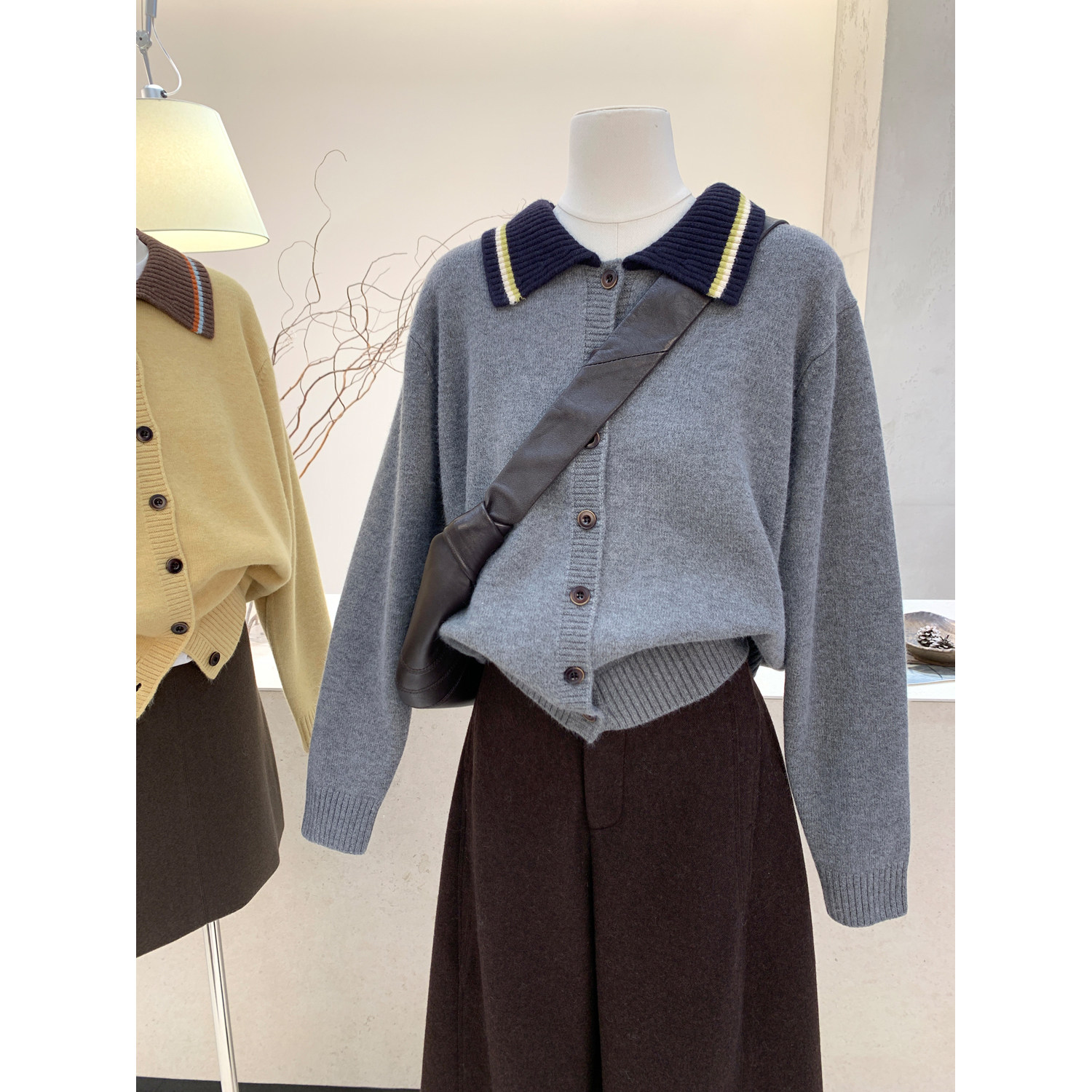 韩版学院风翻领针织开衫毛衣外套