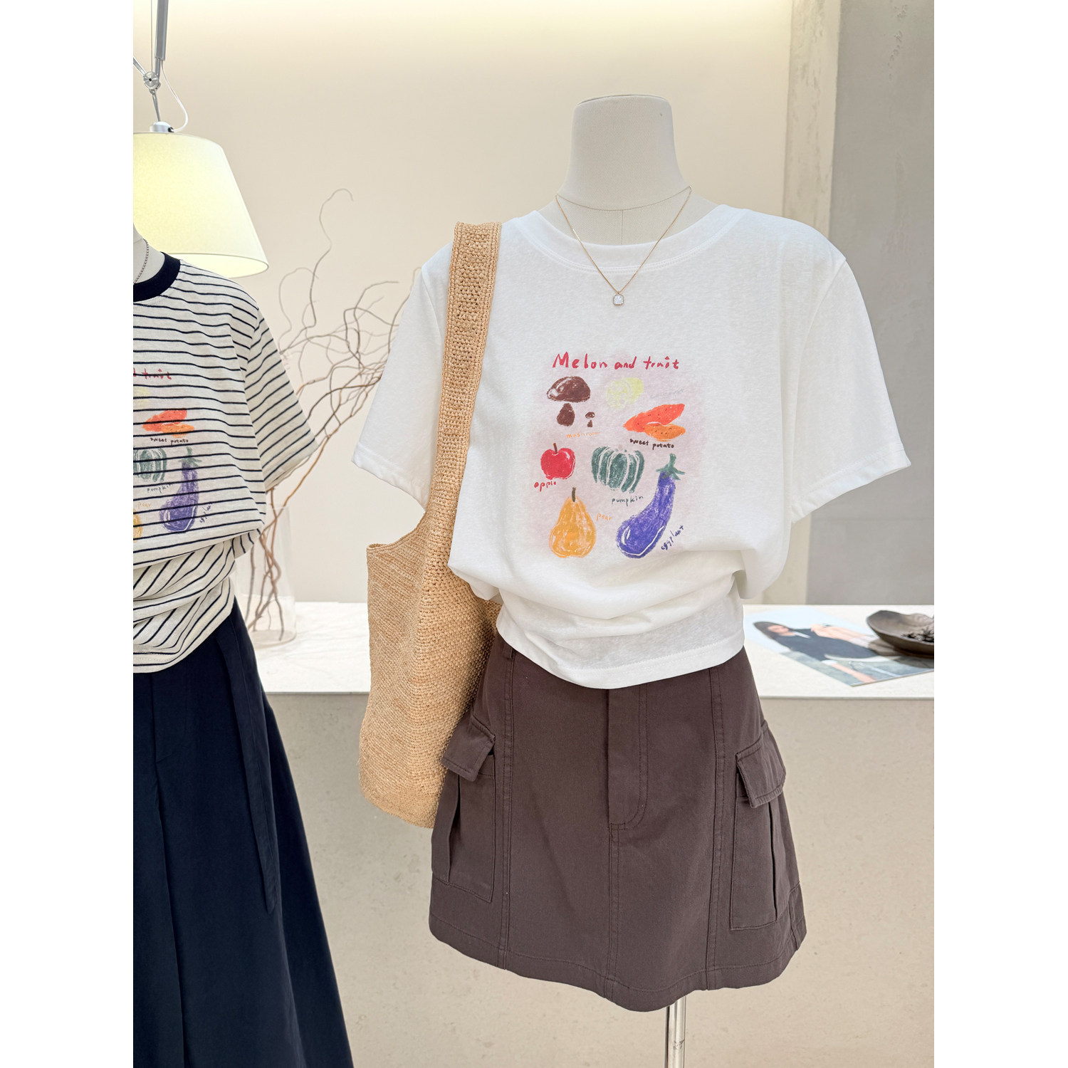 小哲 蔬菜图案印花短袖T恤女夏季卡通风宽松休闲百搭圆领上衣