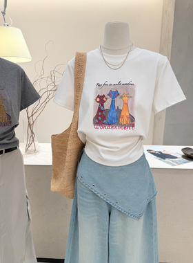 小哲 卡通猫咪印花短袖T恤女夏季新款休闲白色宽松减龄百搭上衣
