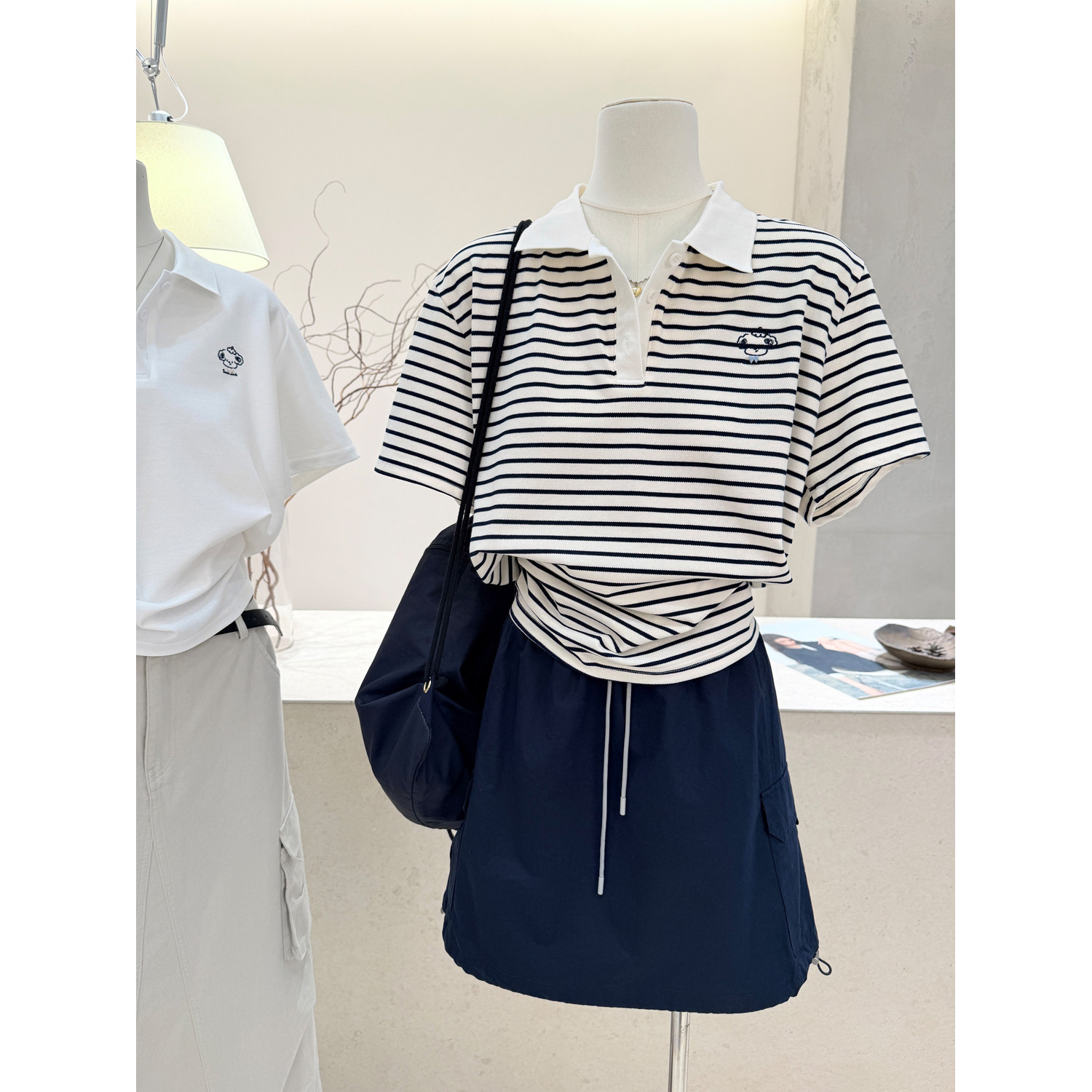 小哲 条纹POLO领短袖T恤女夏季新款韩版显瘦时尚洋气卡通刺绣上衣