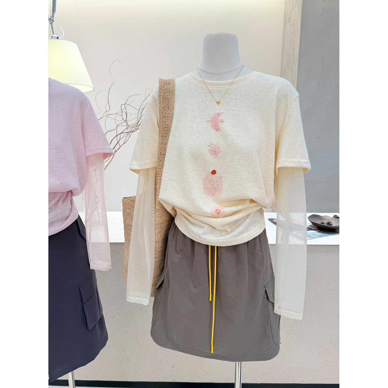 小哲 甜美风童趣印花长袖T恤女假两件网纱拼接层次感防晒衫上衣