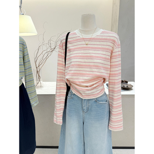 新款 T恤女2026春季 宽松遮肉显瘦套头上衣 撞色条纹圆领长袖 小哲