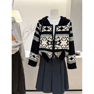 小哲 费尔岛几何图案双拉链针织开衫女宽松保暖毛衣显瘦上衣外套