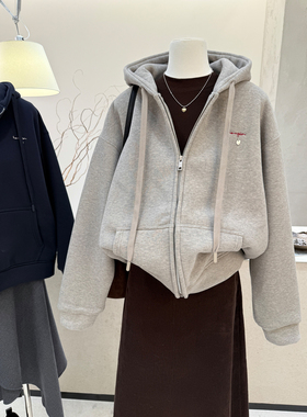 小哲 双拉链连帽长袖加绒卫衣外套女秋冬新款宽松休闲开衫上衣