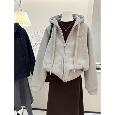 双拉链连帽长袖加绒卫衣开衫外套