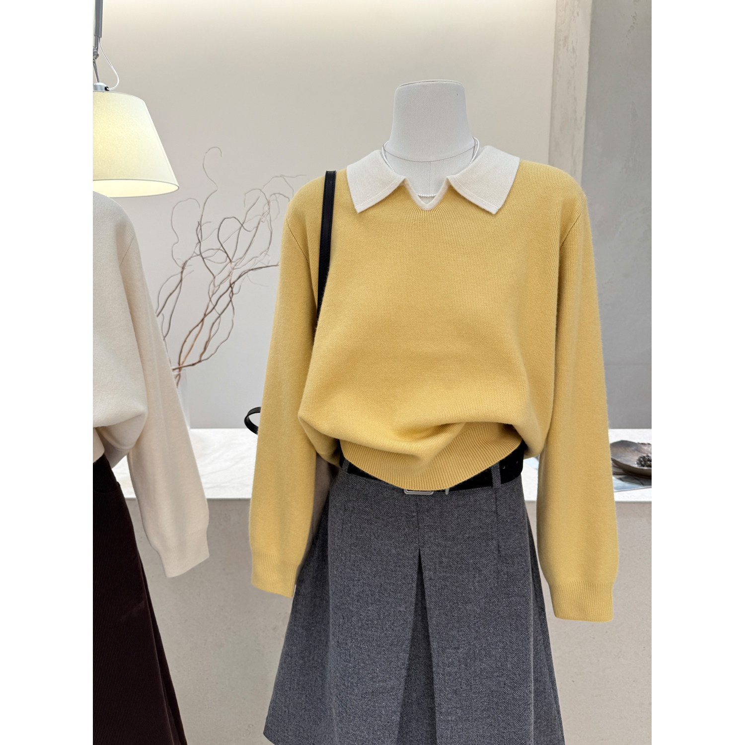 翻领撞色长袖针织衫女打底衫毛衣