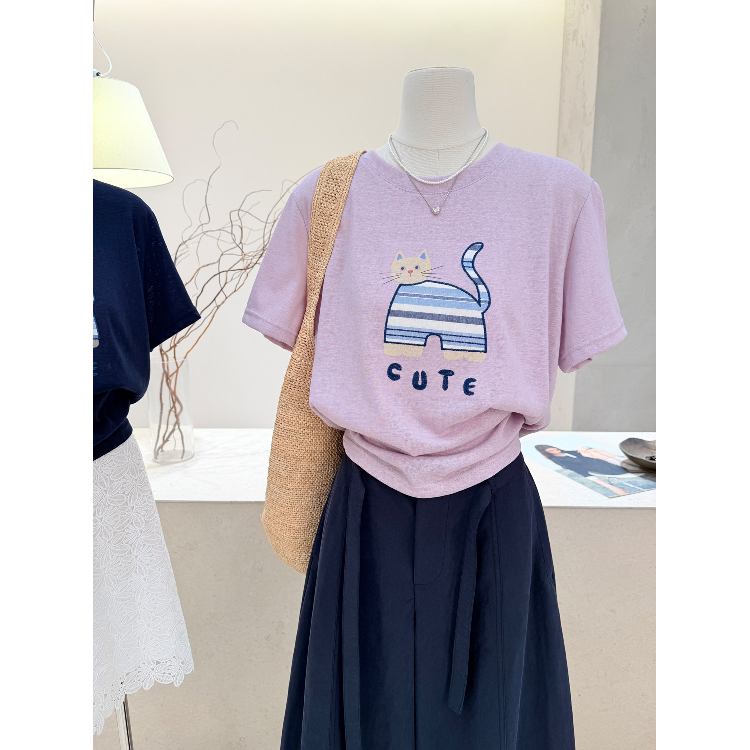 小哲 卡通猫咪印花短袖T恤女夏季紫色圆领宽松显瘦百搭休闲上衣