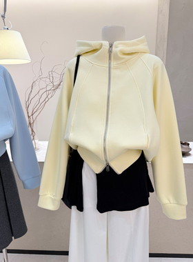 小哲 韩系双拉链连帽插肩袖开衫卫衣女春季宽松慵懒短款上衣外套