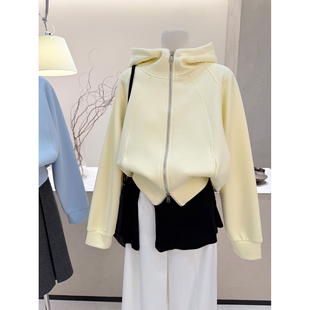 宽松慵懒短款 小哲 卫衣女春季 开衫 上衣外套 韩系双拉链连帽插肩袖