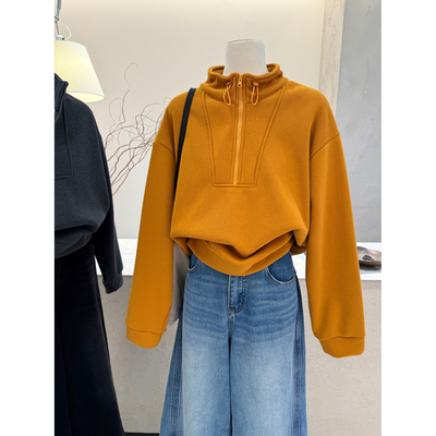 韩系加绒半拉链连帽卫衣慵懒上衣