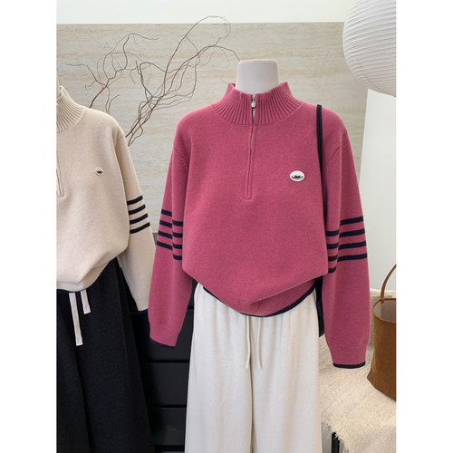 条纹半拉链高领毛衣女秋冬季