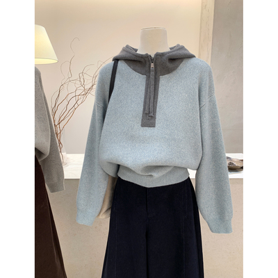 连帽拉链针织衫宽松设计感毛衣