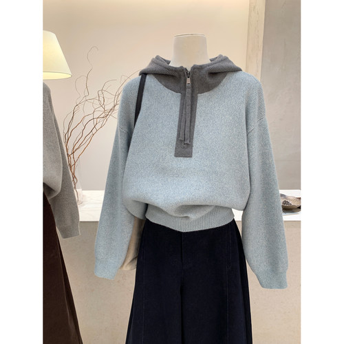 连帽拉链针织衫宽松设计感毛衣