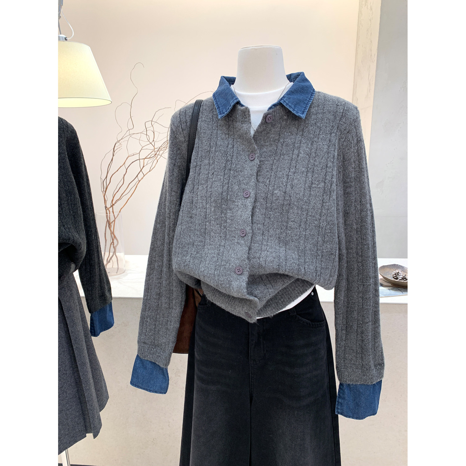 翻领拼接牛仔假两件开衫女毛衣