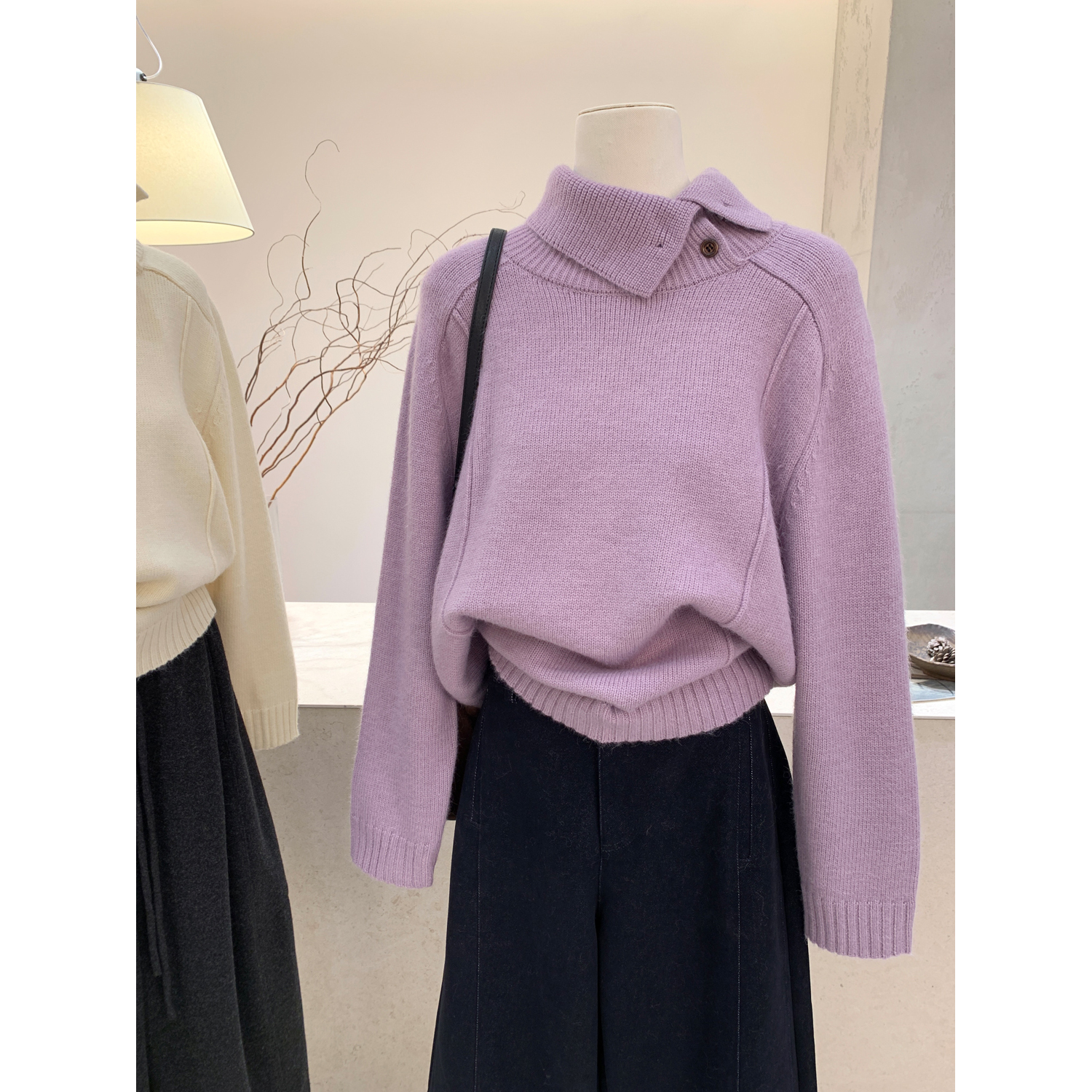 极简风高领针织衫紫色内搭毛衣