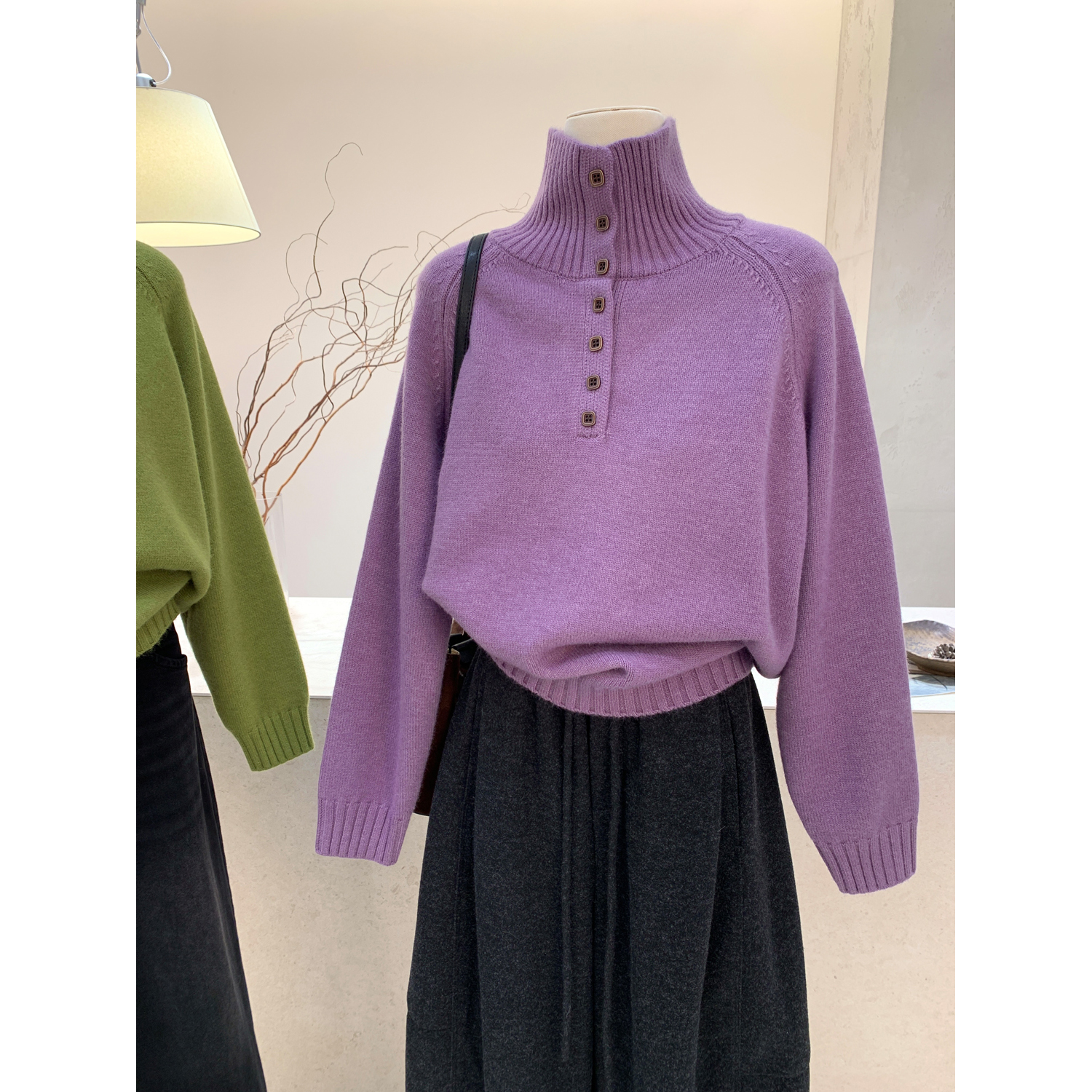 韩系高领纽扣针织毛衣半开领上衣