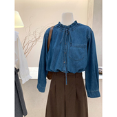 小哲 百搭显瘦设计感衬衣 长袖 复古花边领系带牛仔衬衫 女早春新款