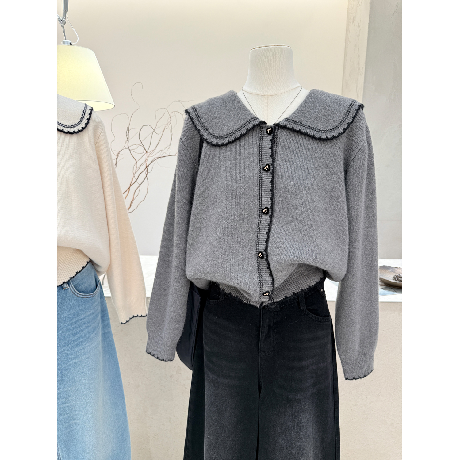 娃娃领长袖针织开衫女毛衣外套