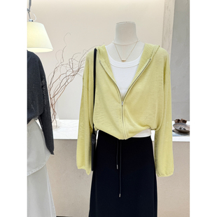 小哲 慵懒风连帽拉链针织开衫女春夏新款薄款防晒衫宽松长袖上衣