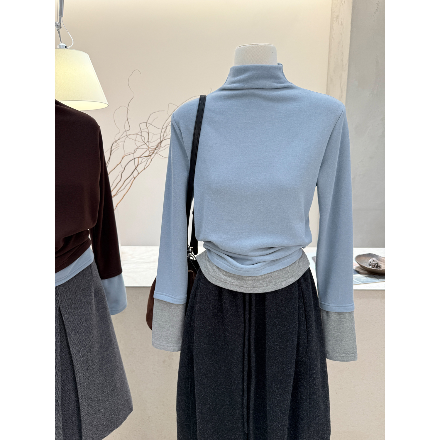 韩版半高领撞色假两件长袖T恤