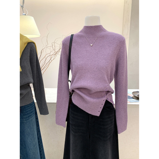 显瘦打底衫 小哲 女秋冬高级感修身 针织衫 韩系简约坑条半高领长袖