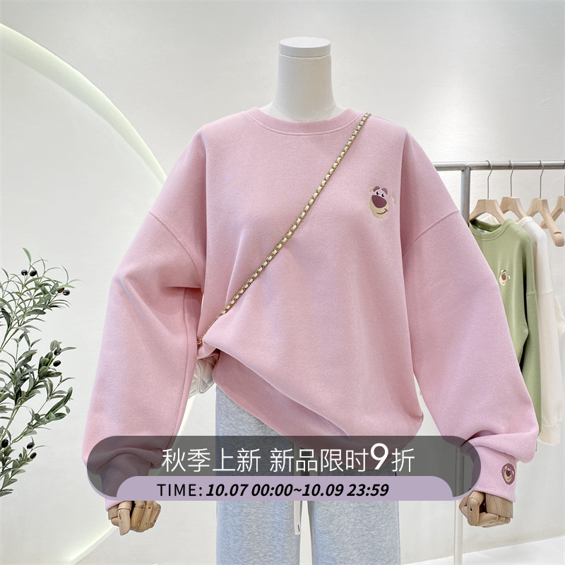 韩版小众刺绣小熊图案休闲减龄慵懒风圆领无帽长袖卫衣女上衣ins_女装_女士精品