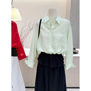 宽松百搭苎麻休闲简约通勤长袖 女春季 上衣 浅绿色polo领衬衫 小哲