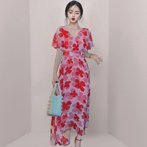 RM21788#夏装新款名媛女修身显瘦碎花系带红色高腰雪纺连衣裙长裙