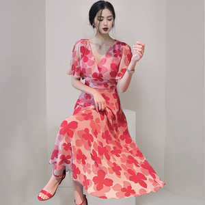 RM21788#夏装新款名媛女修身显瘦碎花系带红色高腰雪纺连衣裙长裙