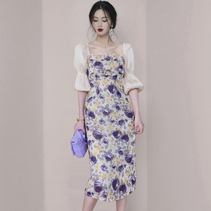 RM21787#夏装新款名媛碎花裙印花雪纺方领泡泡袖修身显瘦连衣裙子