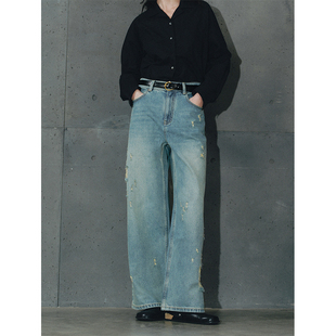 MeeLeeMeeLab原创绅士优雅精致破烂风水洗做旧磨破宽松牛仔裤长裤