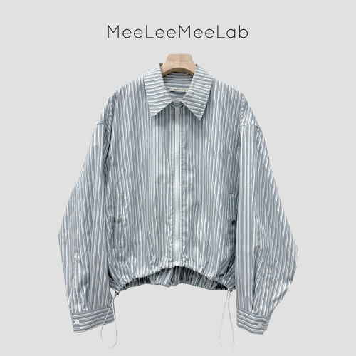 MeeLeeMeeLab 绅士优雅复古条纹方领拉链宽松短款长袖衬衫薄外套