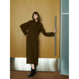 MeeLeeMeeLab 原创绅士优雅复古翻领长款羊毛混纺长袖连衣裙