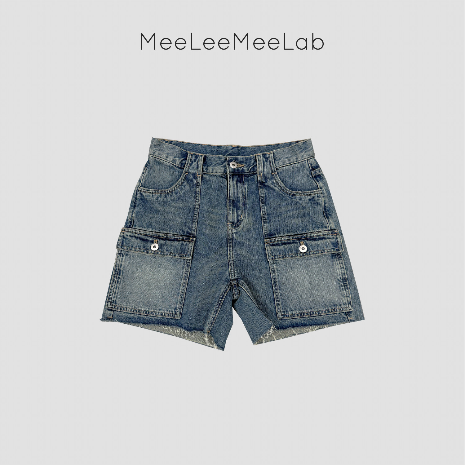 MeeLeeMeeLab 绅士优雅复古做旧脚口毛边工装风口袋牛仔短裤