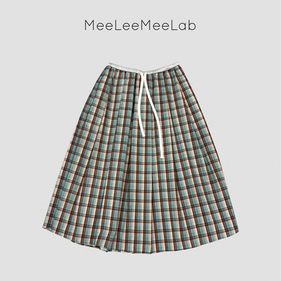 MeeLeeMeeLab原创绅士优雅复古格纹挺括凉感拼接松紧腰A摆半裙
