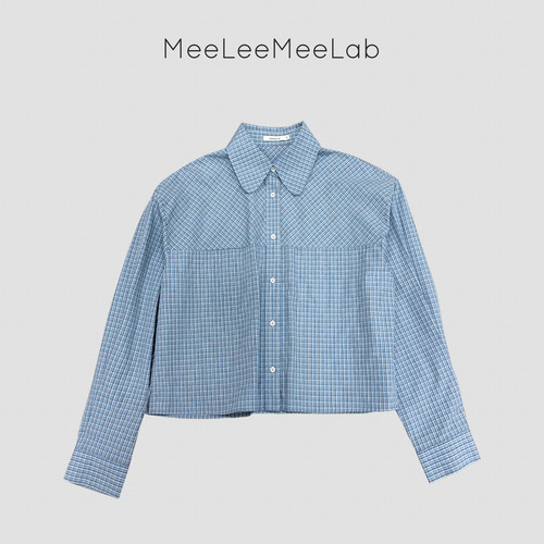 MeeLeeMeeLab原创绅士优雅格纹挺括小娃娃领箱型短款衬衫长袖