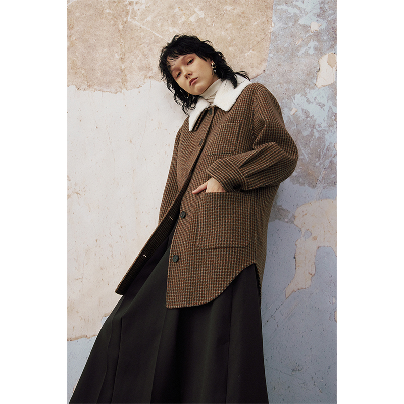 双面呢复古格纹方领衬衫式外套