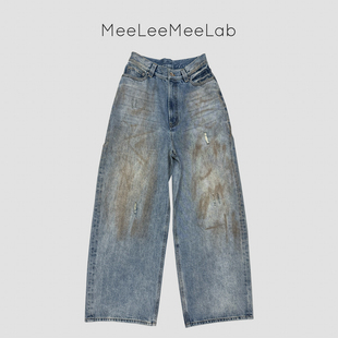 MeeLeeMeeLab绅士优雅手绘涂鸦做旧破洞废土风香蕉型牛仔裤 脏脏裤