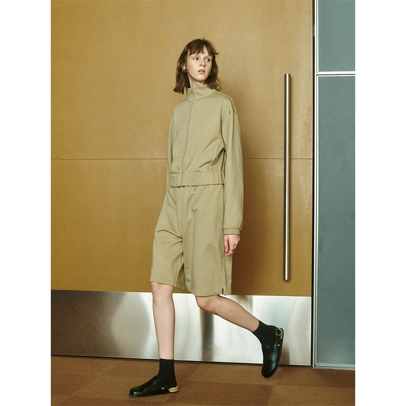 MeeLeeMeeLab原创绅士优雅轻户外立领拉链短卫衣外套中裤套装