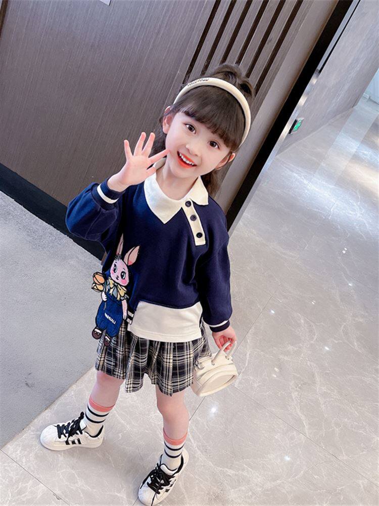 女小童格子学院风套装2023春秋新款小女孩时尚英伦风百褶裙两件套