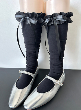 黑色春秋miu系袜子女中筒袜蝴蝶结花边堆堆袜芭蕾风奶白色小腿袜