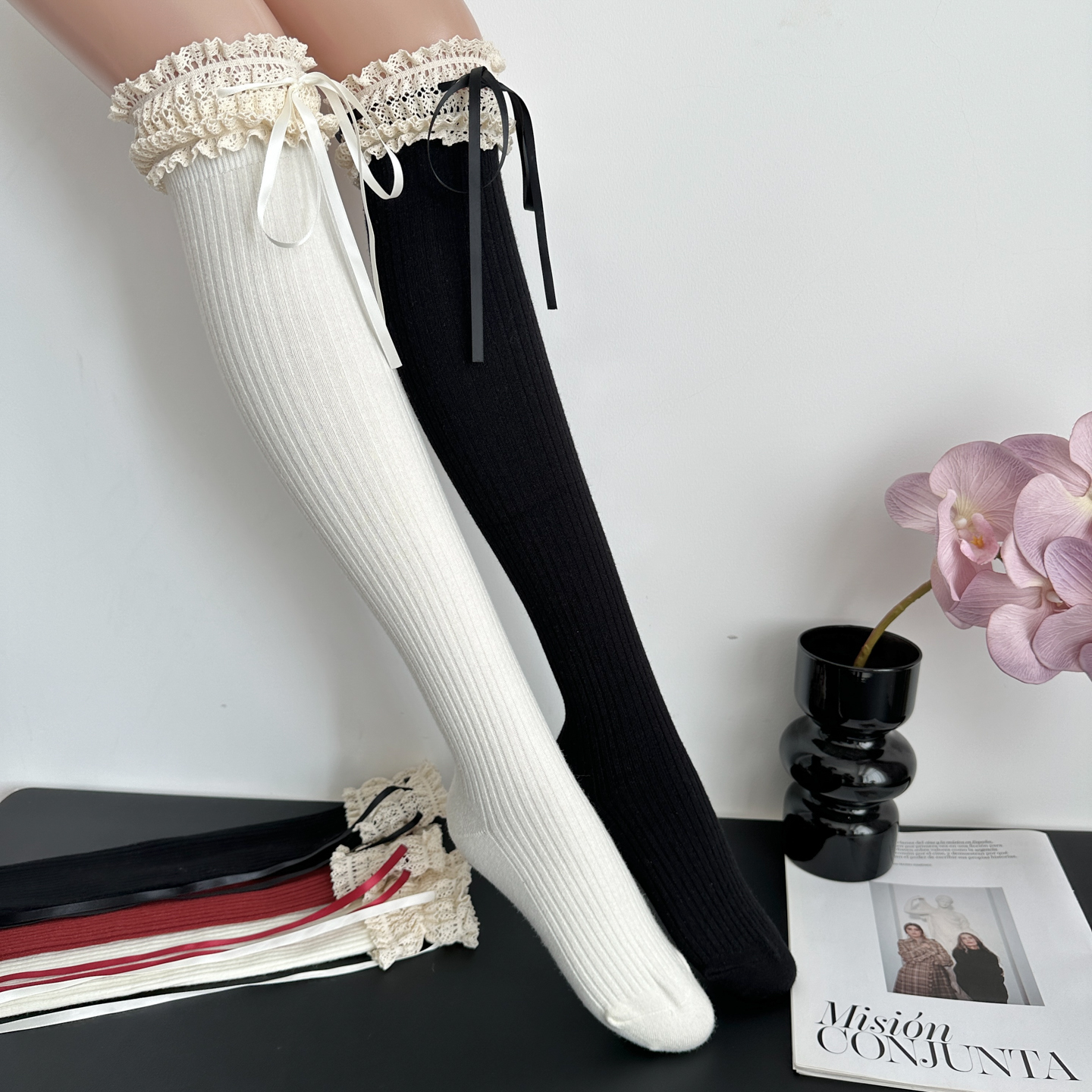 日系jk蕾丝花边过膝袜长筒Lolita保暖加厚丝带芭蕾风秋冬堆堆袜子