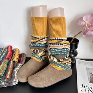 姜黄色堆堆袜套2025新款 秋冬保暖复古修饰腿型费尔岛羊毛成人腿套