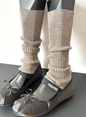 摩卡棕色薄款羊毛袜套女腿套咖啡色堆堆小腿袜保暖中筒袜白色针织