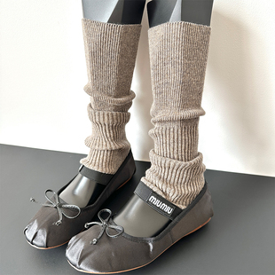 摩卡棕色薄款 羊毛袜套女腿套咖啡色堆堆小腿袜保暖中筒袜白色针织