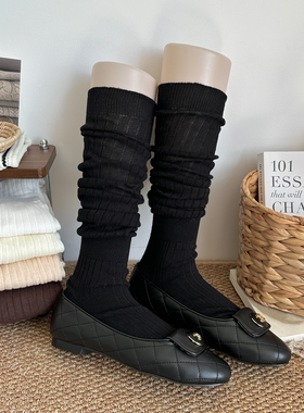 黑色miu风褶皱薄款堆堆袜叠穿韩国老板娘ins网红中筒袜女士过膝袜